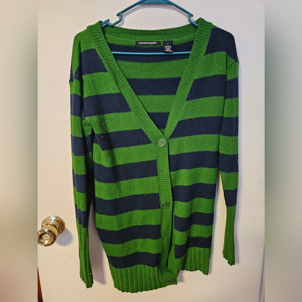 Blue and Green Striped Button Fown Cardigan y2k